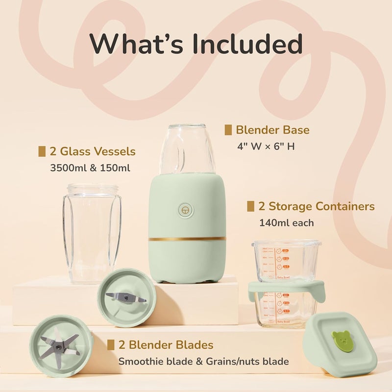 Kwiplee Bubble Blender, Baby Food Maker & Puree Blender with 2 Borosilicate Glass Cups, Compact Baby Bullet for Smoothies, Hands-Free One-Touch, 200W Motor, Sage - Image 2